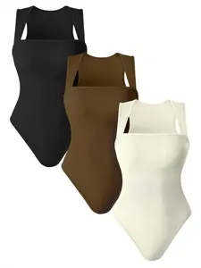 Women's Solid Ribbed Bodysuit, Casual Comfy Breathable Sleeveless Bodysuit for Daily Wear, Ladies, Minimalist, Tummy Control Clothing