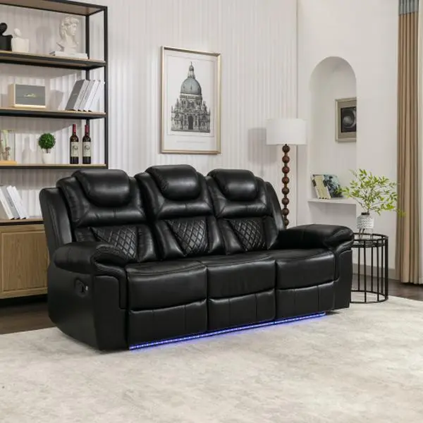 Home Theater Seating Manual Recliner Chair with Center Console and LED Light Strip for Living Room, Black