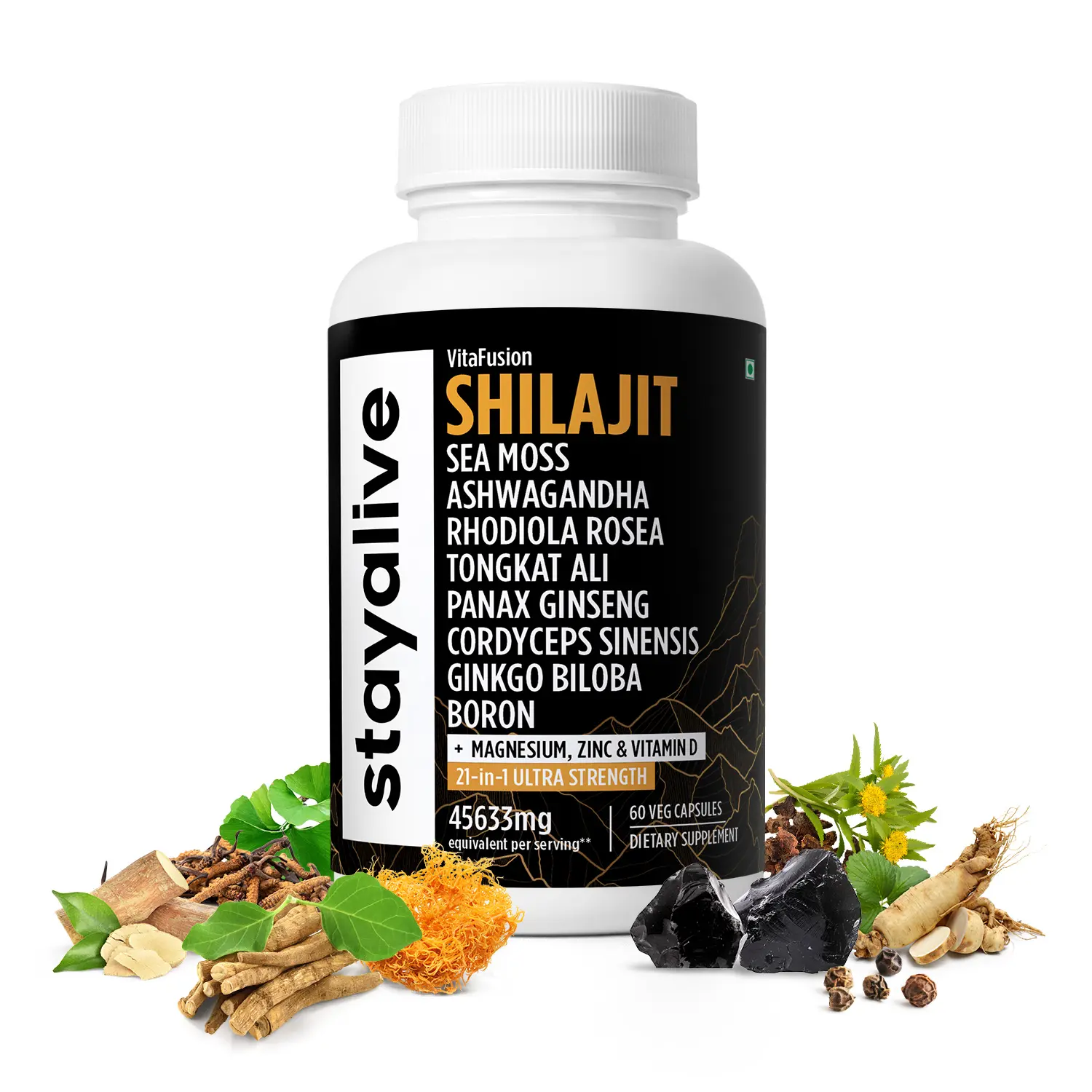 STAY ALIVE Shilajit Capsules for Men & Women, 21-in-1 Ultra Strength Formula with Sea Moss, Ashwagandha & Tongkat Ali, 60 Capsules, Vegan, Non-GMO & Gluten-Free Supplement