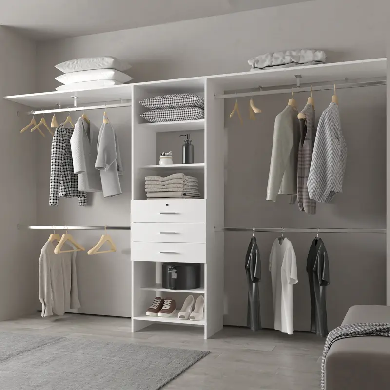 FM FURNITURE Geek Modular Closet Organizer System with Hanging Rods Shelves and Drawers White