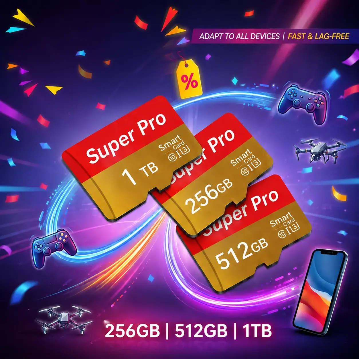 Micro SD card with adapter, compatible with outdoor camera data, PC storage, supports car GPS routes and sports video recording, holiday gifts