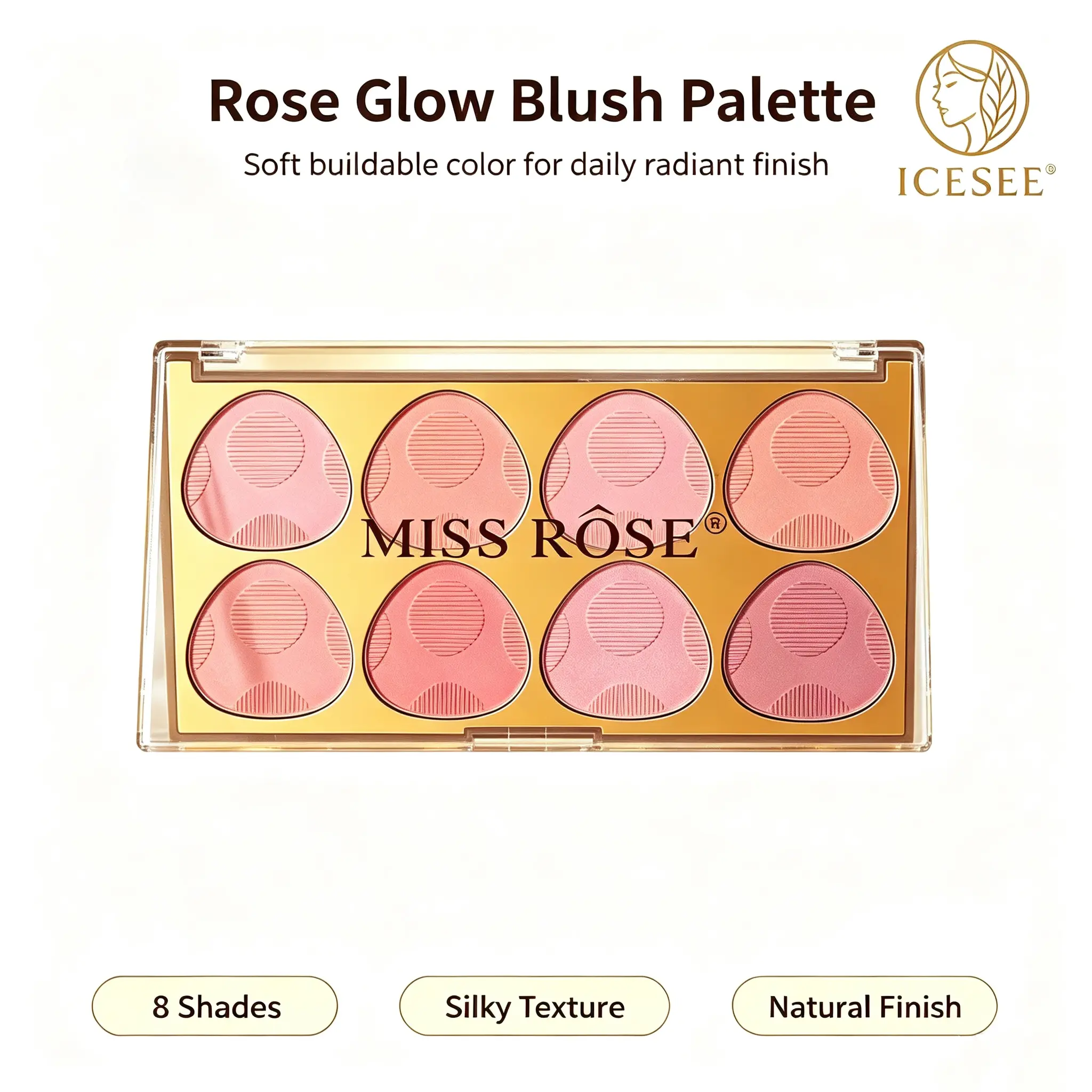 ICESEE 8 Shades Rose Glow Blush Palette, Silky Smooth Buildable Powder Blush, Natural Radiant Flush Daily Blush for All Skin Tones