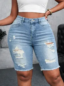 Summer New Plus Size Womenswear High Waist Stretch Ripped Denim Jeans, American Street Style, Casual Button Fly Slim-Fit Mid-Waist Pants