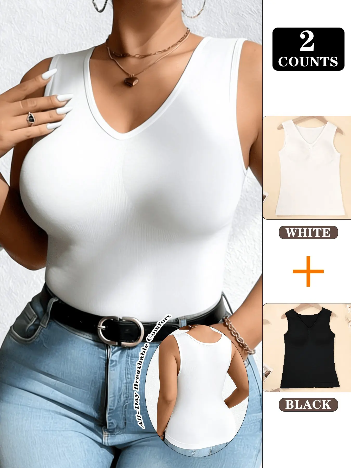 2-Pack Seamless Vneck Daily Wear Shapewear Tank Tops, Tight-Fitting Bodycon Undergarments, Comfortable Sporty Casual Wear, All-Season Solid Pattern