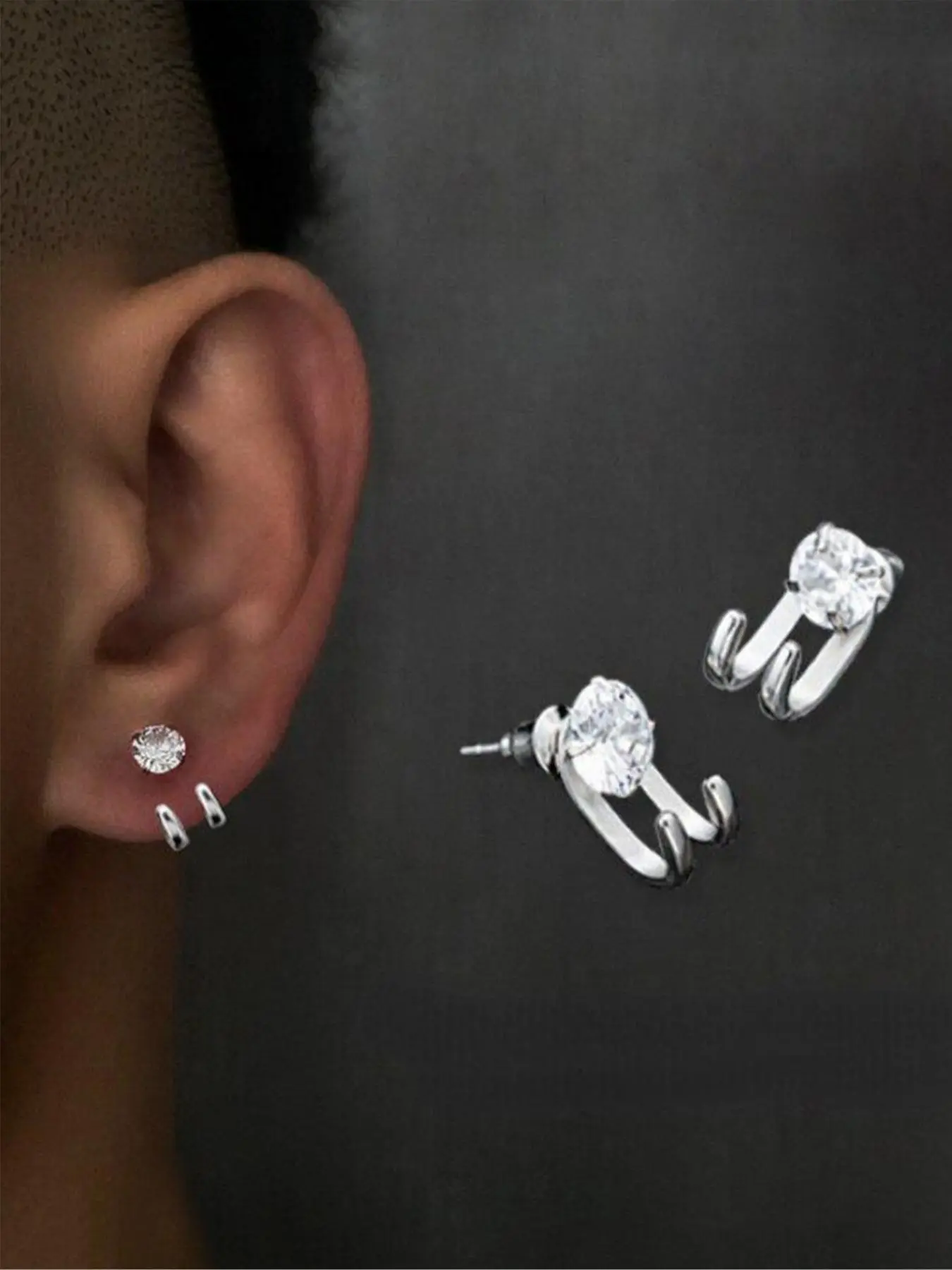 2 round zircon two claw front and rear men's fashionable stainless steel earrings Zircon Stud Earrings Fashion Jewelry Earrings