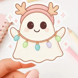 Christmas Reindeer Ghost Sticker Kawaii Holiday Ghost with Lights Cute Pastel Vinyl Sticker