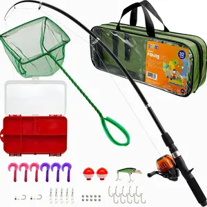 Play22 Kids Fishing Pole Set 32-Piece Aluminum Rod Combo with Tackle Gear Lures Net Carry Bag for Fun Fishing Experience