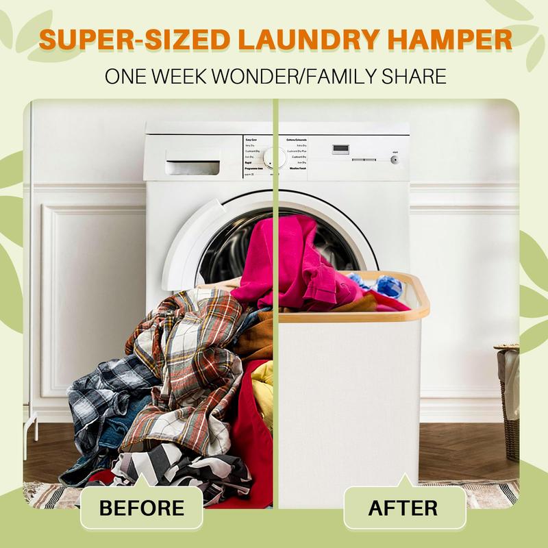 Bathola 160L Laundry Hamper with Lid, 3-Section Foldable Clothes with Removable Bags, Organizer for Bedroom & Laundry Basket large Beige bathroom accessories