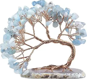 Natural Aquamarine Crystal Money Tree Agate Slice Base Feng Shui Bonsai Crystal Tree for Wealth Luck Desk Decor, 3-4 Inch High