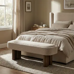 51.57*17.52*18.7 Inch Khaki Boucle Upholstered Dining Bench, Rubber Wood Frame Walnut Legs 250LBS Load Padded Seating Bench, Space Saving Multi-purpose Accent Bench Easy Assembly for Dining Room Living Room