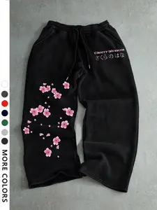 Men's Casual Sporty Long Pants, Sakura Pattern Print, Drawstring Wide Leg, Loose-Fitting, All Seasons, Graphic Style, Casual Street Trousers, Casual Loose Comfy