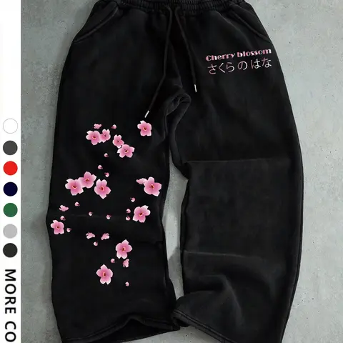 Men's Casual Comfy Baggy Sporty Long Pants, Sakura Pattern Print, Drawstring Wide Leg, Loose-Fitting, All Seasons, Graphic Style, Casual Street Trousers