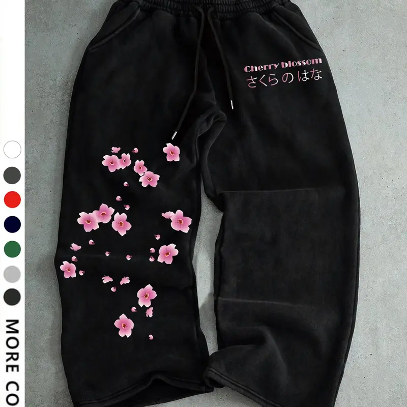 Men's Casual Comfy Baggy Sporty Long Pants, Sakura Pattern Print, Drawstring Wide Leg, Loose-Fitting, All Seasons, Graphic Style, Casual Street Trousers
