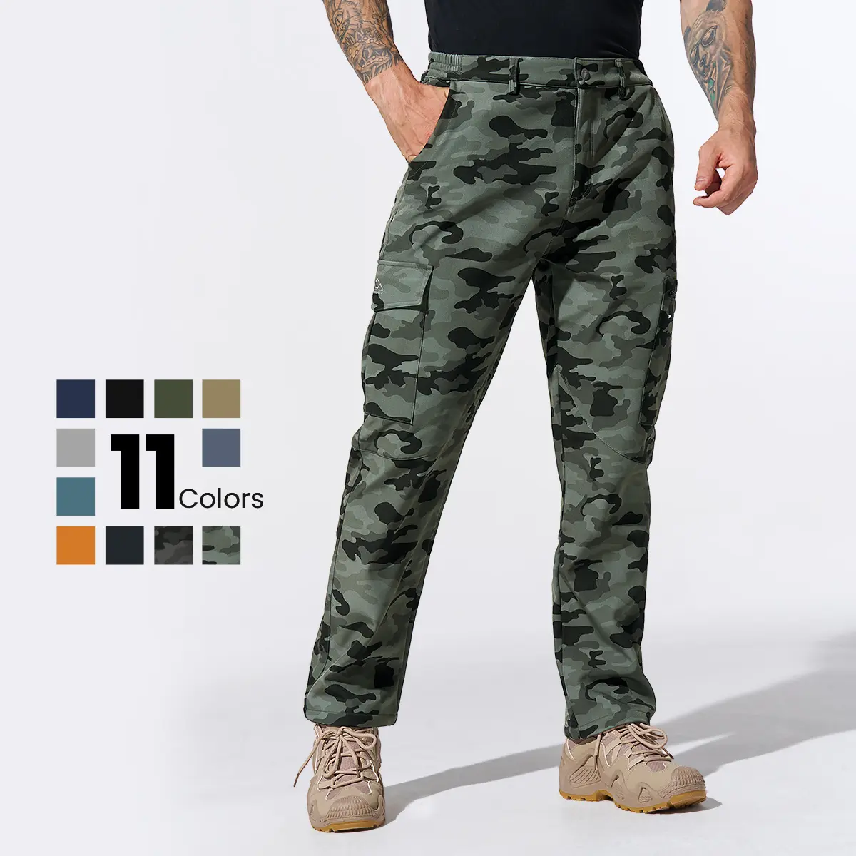 YSENTO Men's Fleece Lined Cargo Pants, Water Repellent Windproof Soft Shell Trousers, Quick Dry Elastic Outdoor Pants with 6 Pockets for Skiing Hiking Fishing Hunting, Camouflage & Solid Black