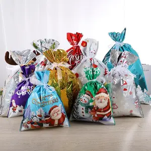30pcs Reusable Christmas Gift Wrapping Bags Set with Drawstring Closure Multicolor Plastic Holiday Party Favor Packaging Santa Reindeer Snowman Tree Bulk Pack for Xmas Tree Decorations Stocking Stuffers Present Wrapping Eco-Friendly Festive Designs
