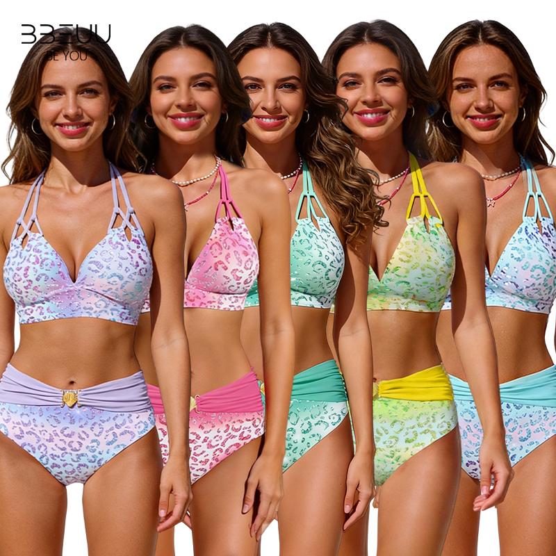 BBEUU Gradient Leopard Print High-Waisted Bikini Set with Adjustable Halter Tie-Back Top Ruched Waistband Durable Polyester Fabric in Pink Blue Purple Green Yellow Sizes S-3XL
