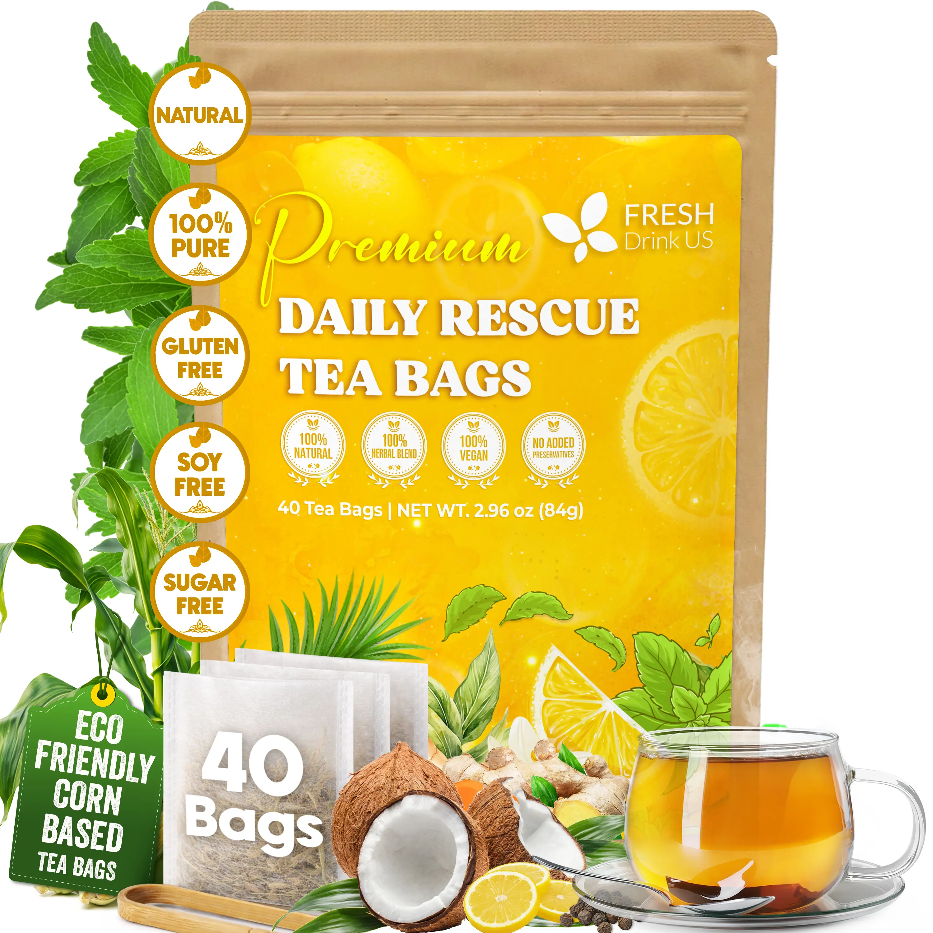 【FreshDrinkUS】 Premium 40 Tea Bags Daily Rescue Lemon Ginger Tea - 9 Superherbs – 100% Natural Ingredients, Tea Mix for Wellness Boost - Shelf-Stable, Caffeine-Free, Sugar-Free, Vegan