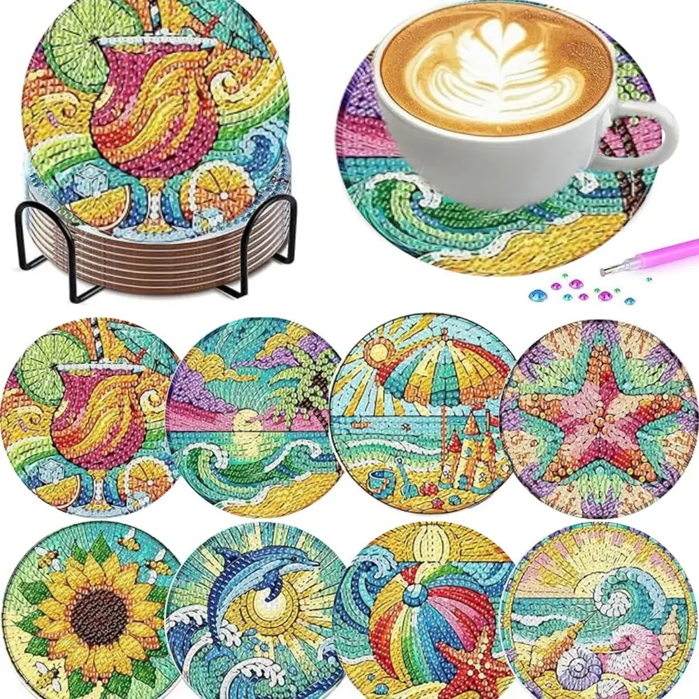 8 pieces/set of diamond art painting coasters with brackets, DIY diamond art coasters, suitable for adults and beginners, diamond set craft supplies, gifts for friends, Coasters for drinks, Decorative Coaster, Coffee Table Mat, Coaster for desk