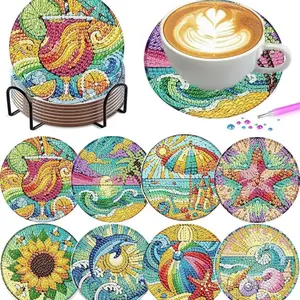 8 pieces/set of diamond art painting coasters with brackets, DIY beautiful patterned diamond art coasters, suitable for both adults and beginners as diamond painting sets, diamond set craft supplies, exquisite gifts for friends