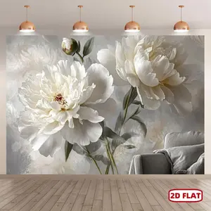 1PC,2D Flat Vintage Oil - Painting Style White Peony Backdrop, Artistic Floral Wall Decor Tapestry, Background Curtain For Bedroom, Living Room, Photography And Live Streaming, Home Soft Decoratio