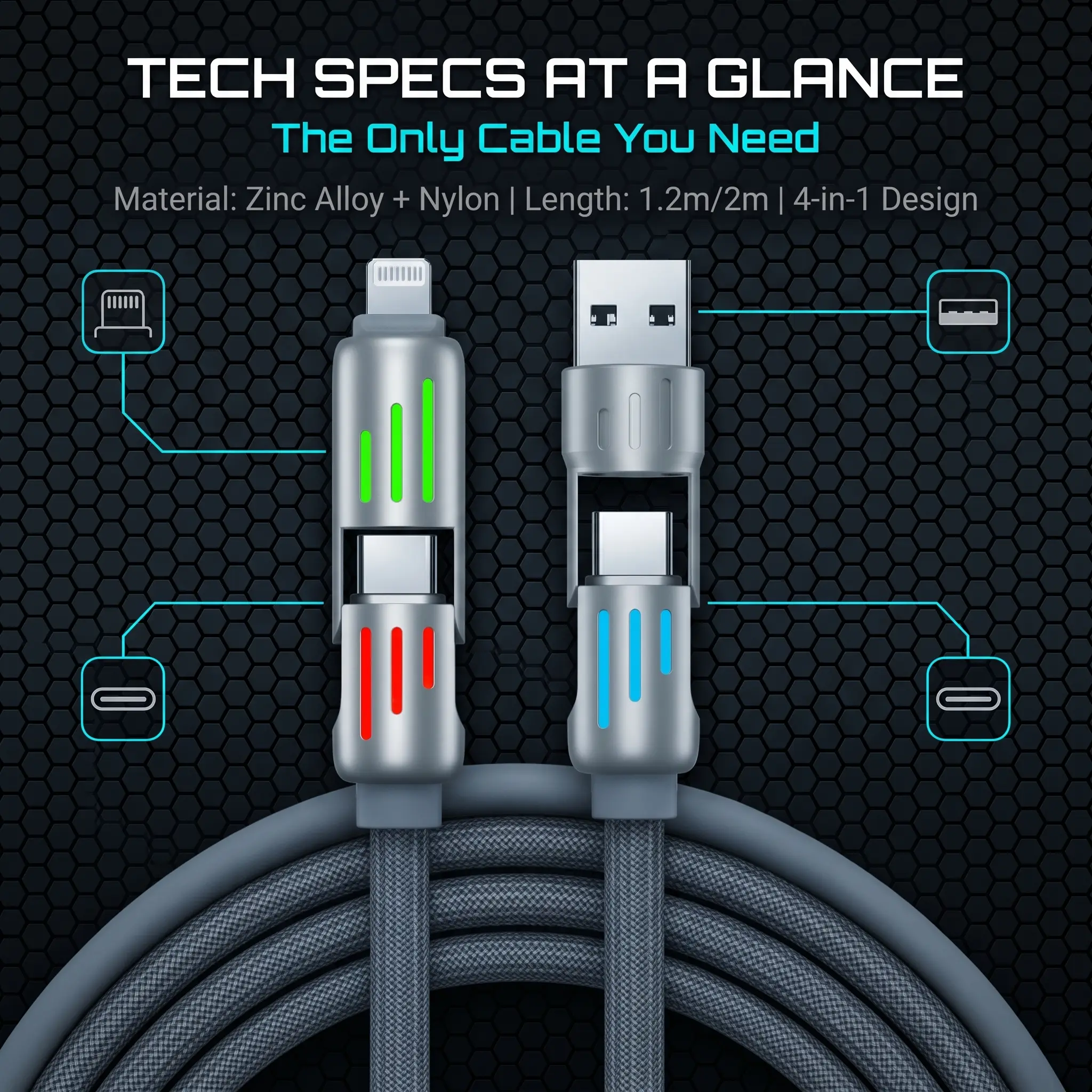 Charger Set with Liquid Silicone Durable Data Cable -4-in-1 USB A+Type C Lightning Cable, Aluminium Alloy Port for Smartphone, Cellphone, Android, Electronic Devices, Tablets, Computers