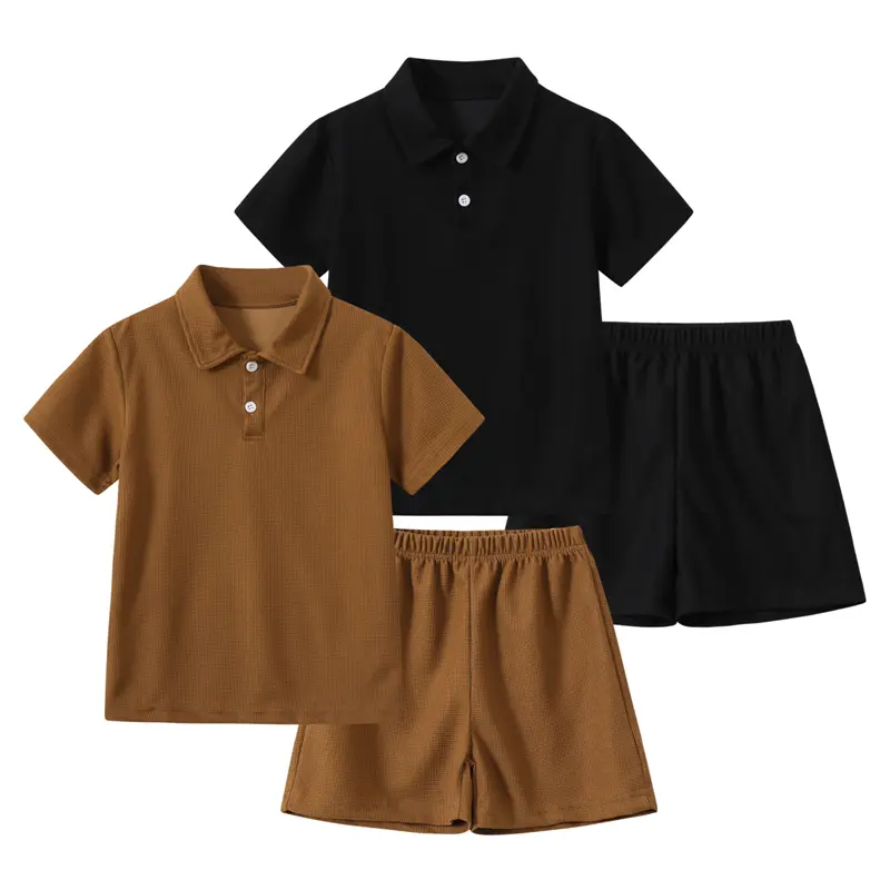 #SummerVibes 4-piece boy summer fashion casual children's suit 3-12-year-old children's Waffle texture button shirt elastic waist casual shorts beach holiday clothes Combination Set Combined Set