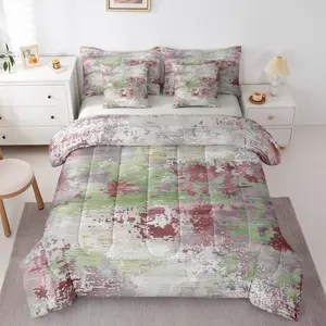 Retro Watercolor Abstract Bed in a Bag Comforter Set,7 Piece,Grunge Brick Red Green Gray Ombre Gradient Bedding Set,Modern Contemporary Pastel Aesthetic Sheet Set with Comforter