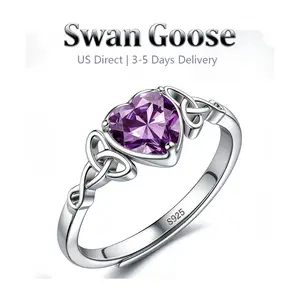 S925 Sterling Silver Celtic Knot Purple Love Heart Open high quality Ring, Adjustable Ring Hypoallergenic, Irish Vintage Romantic Jewelry Gift for Women Girlfriend,Elegant All-match Fashion Accessories for Daily wear