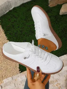 A pair of women's breathable summer white sneakers, half-slip derby shoes, slip-on lazy sandals, soft-soled anti-slip two-in-one mules, all-season versatile flat casual women's shoes