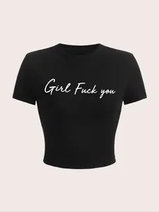 Women's Letter Print Round Neck Crop Tee, Vintage Trendy Casual Short Sleeve Cropped T-shirt for Daily Wear, Ladies Summer Tops, Casual Fashionable Top, Womenswear