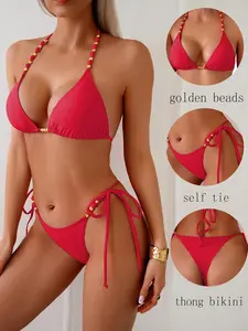 2026 Women's Red Bikini Set, Triangle Halter Top with Gold Bead Accents, Tie-Side Bikini Bottom with Matching Gold Details, Two-Piece Bathing Suit for Beach & Vacation