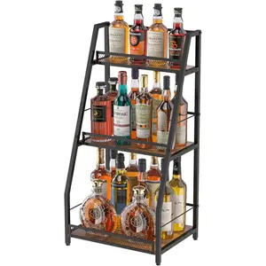 3-Tier Trapezoid Liquor Stand for Home Bar, Stepped Wine Rack Freestanding Floor for Liquor Whiskey Wine, Versatile Corner Wine Bottle Display Stand with Fences, Vintage Brown（Patent Pending）