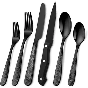 Hammered Silverware Set for 8, Heavy Duty 18/0 Black Flatware Set with Steak ,  48 count Stainless Steel Kitchen Cutlery Set Include Forks Spoons and , Mirror Utensil Dishwasher Safe