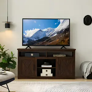 Farmhouse TV Stand, Media TV Console Cabinet, Wooden Rustic Entertainment Center with Open Shelves & Closed Cabinets, for TV Up to 65''