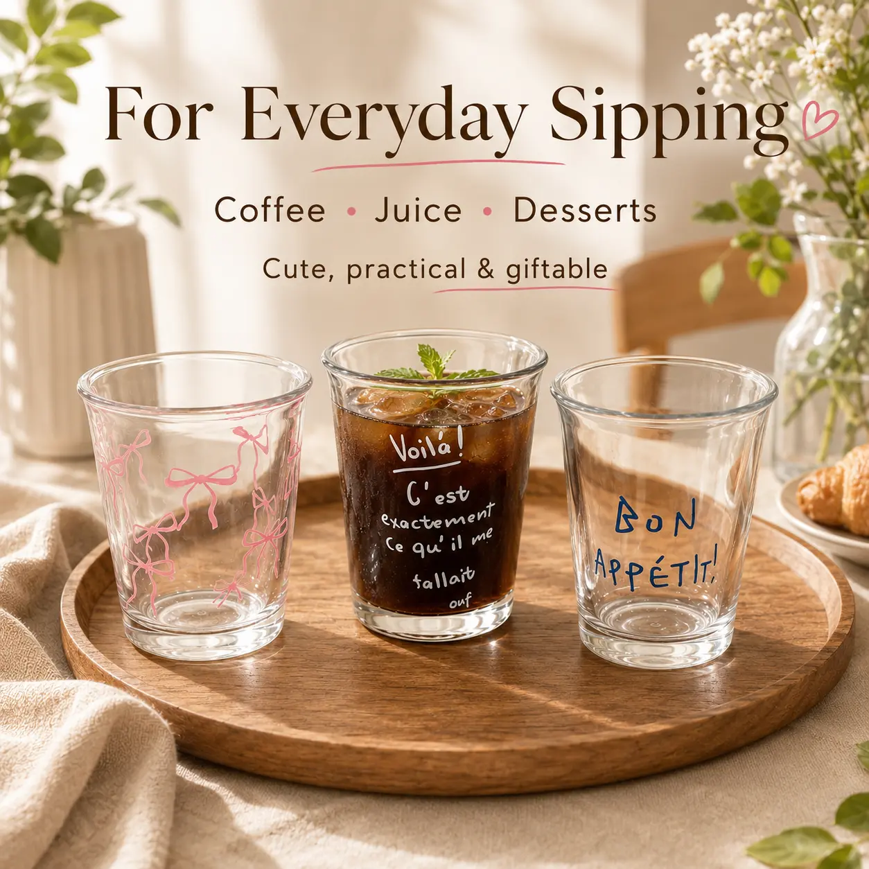 Thickened Borosilicate Glass Tumbler, Aesthetic Clear Drinking Cup with French Letter & Pink Bow Print, Bon Appetit Pattern Glassware for Iced Coffee, Juice, Water, Home Brunch & Bar Daily Use