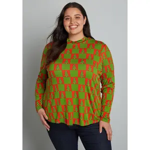 ModCloth You Got This Mock Neck Top Long Sleeve Green Checkered Christmas Tree Print (XS-4X)