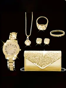 Women's Quartz Watch Set, Elegant Jewelry Set, Includes Necklace Earrings Ring Bracelet Bag, Casual Style, All Seasons, Fashion Gift