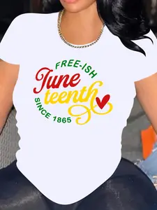 Juneteenth Black 1865 Free-Ish June 19Th Since 1865. Red, Yellow, And Green Text Pattern with Heart Design, Loose-Fitting Sports Party Top, Cute, Elegant, Fashionable Gift, Soft, Machine Washable, Stretchy, Perfect for Home Leisure, Round Neck