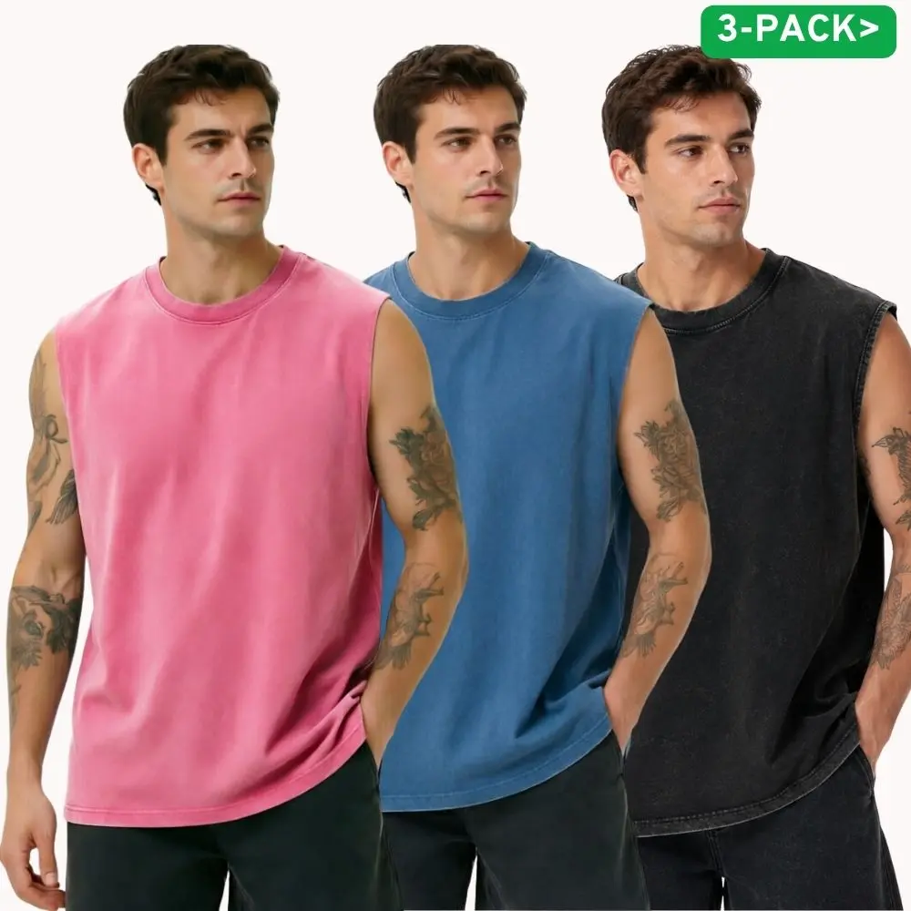 Men's Retro Solid Color 1/3-Pack Washed Cotton Vest - Relaxed Fit Cargo Tank Top, Unisex Casual Street Style Sleeveless Soft Underwear Top
