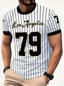 Los Angeles '79' Digital Pattern Striped Round Neck T-Shirt, Streetwear, Breathable Polyester 100% Fabric, Sport Outdoor Casual Wear, Short Sleeve Fitted Long Tee