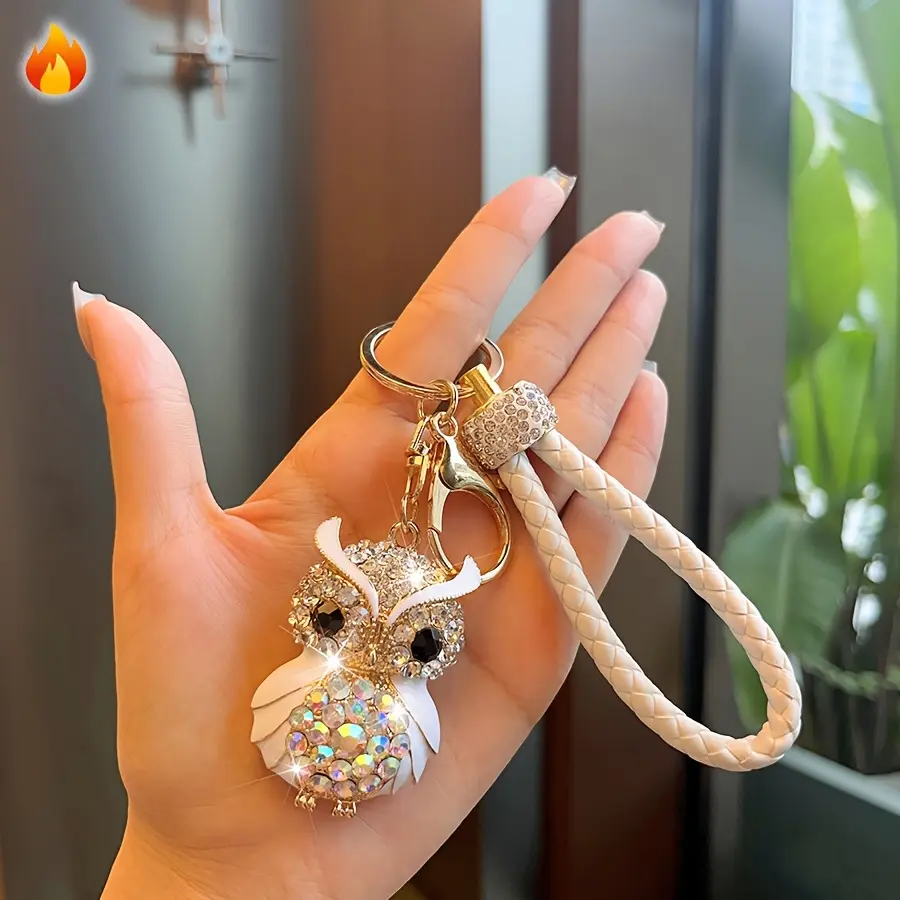[Owl Charm Keychain] Zinc Alloy Owl Charm Keychain with Sparkling Rhinestones - White Braided Rope - Ideal for Car, Bag, and Wallet - Perfect Birthday Gift, Good Luck Symbol, Good Luck Symbol | Sparkling Rhinestone Charm | Durable Zinc Alloy, Owl Accessor