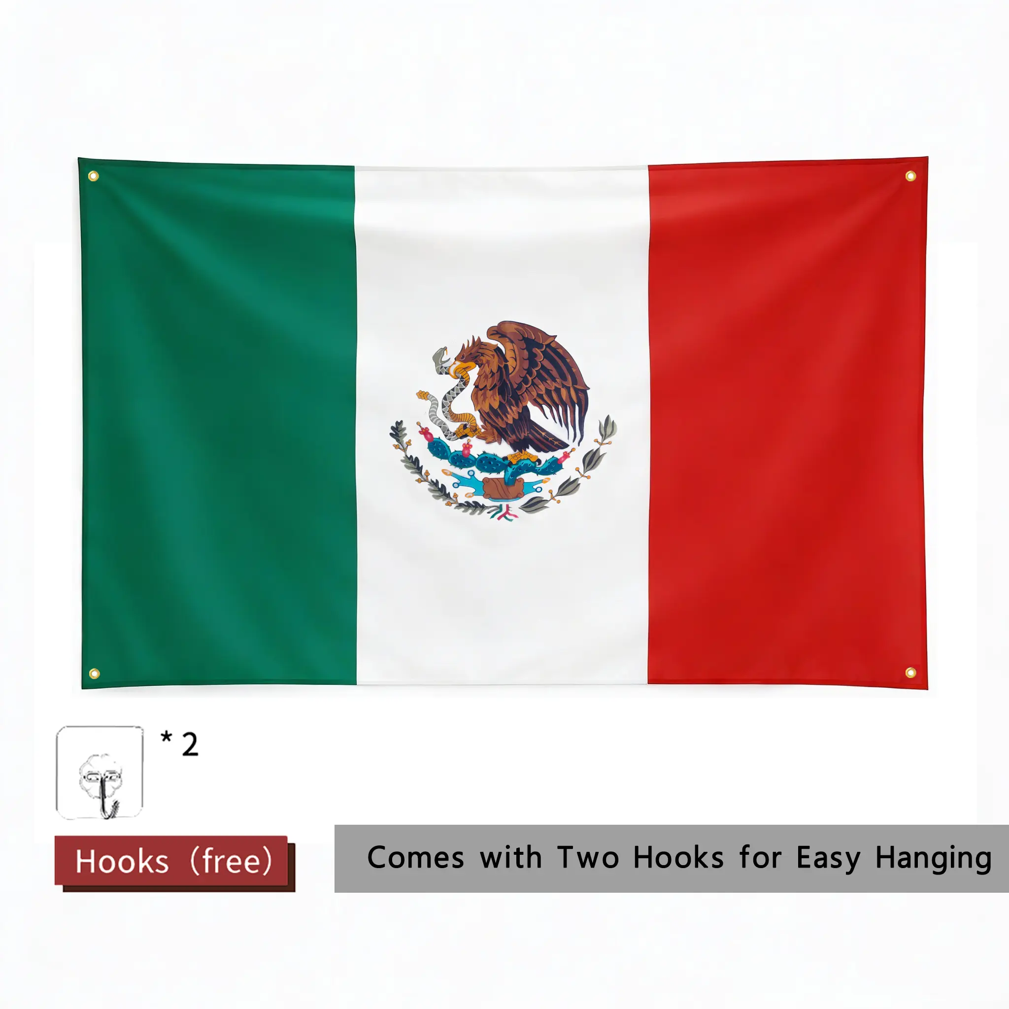 1pc 3x5 FT Mexico Flag - Polyester Fabric, 4 Brass Grommets, 2 Free Hooks, Double-Stitched Edges, Vibrant Colors, Lightweight Hanging Room Decoration for Mexican Independence Day Celebrations