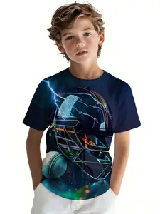 Boys' Round Neck Short Sleeve T-Shirt sports and leisure Electric Helmet Cricket Ball Globe Lightning 3D printing spring and summer clothing casual wear perfect gift apparel