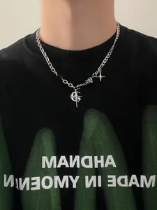 Titanium Steel Necklace with Sapphire Star Pendant, Unique Hip Hop Street Style Men's Choker Chain, Distinctive Latin Design for All Seasons, High End Necklace