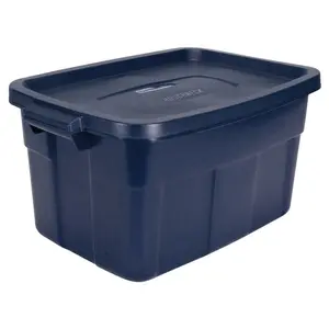 212 MAIN Stackable Storage Durable Plastic Organiser Set - 14gal Rubbermaid Roughneck Boxes, Secure Storage with Snap Lid, Blue Metallic Base & Lid