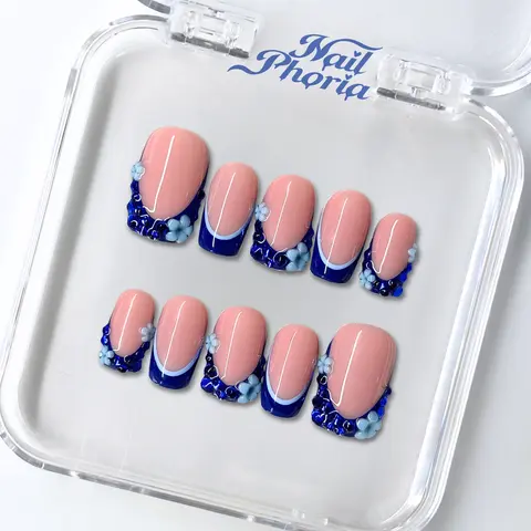 NailPhoria SAPPHIRE BLOOM -SUMMER Handmade Press-On Nails | Reusable, Salon-Quality, Long-Lasting, Glossy Design