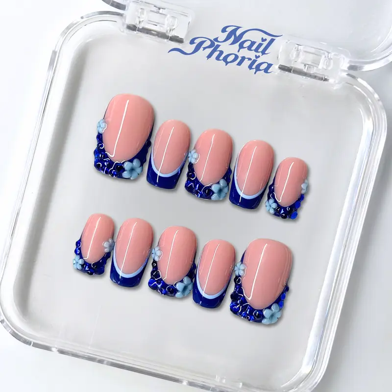 NailPhoria SAPPHIRE BLOOM -SUMMER Handmade Press-On Nails | Reusable, Salon-Quality, Long-Lasting, Glossy Design