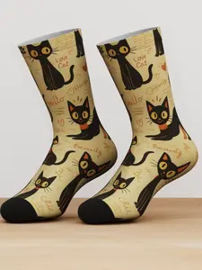 1 Pair Vintage Cat Design Printed Socks, Unisex Bamboo Fiber Mid-Calf Socks, Fun Gift for Cat Lovers, Retro Mystery Cat Style