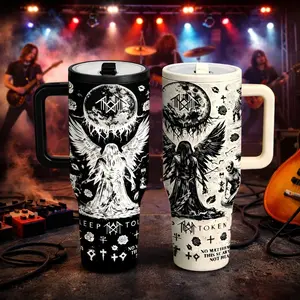 40oz Dark Angel Gothic Tumbler, Black White Rock Art Insulated Mug with Handle and Straw, Unique Statement Cup, Perfect Gift for Rock Fans, Metal Music Lovers and Alternative Style Friends