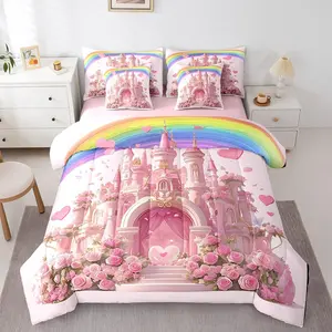 Pink Castle Bed in a Bag,Comforter Set,7 Piece,Rainbow Roses Flowers Bedding Sets,Princess Romantic Magical Love Heart Reversible Sheet Set